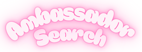 Text 'Ambassador Search' in a decorative font with a pink gradient background