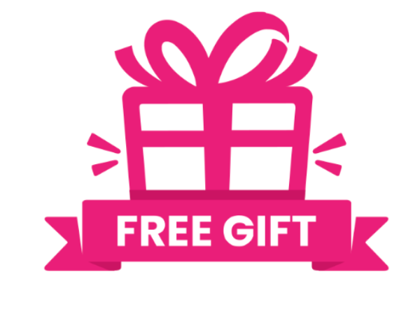 Pink 'Free Gift' logo with a gift box icon on a white background